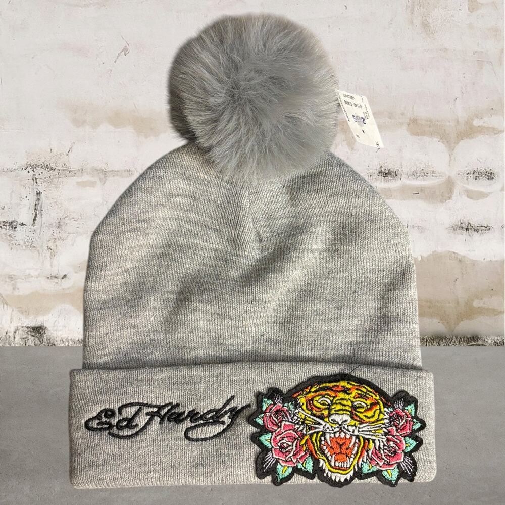 Ed Hardy Tiger Roses Beanie Hat with Pom Pom NWT - Picture 1 of 2